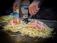 Okonomiyaki at Hrochan in Okonomiyaki Street in Hiroshima